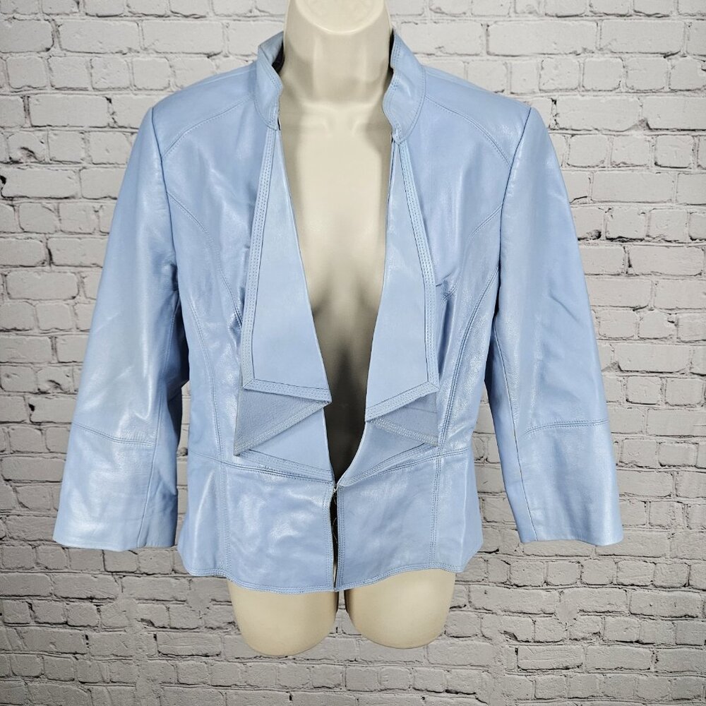 White House Black Market Blue Genuine Leather 3/4 Zip Sleeve Jacket Medium M